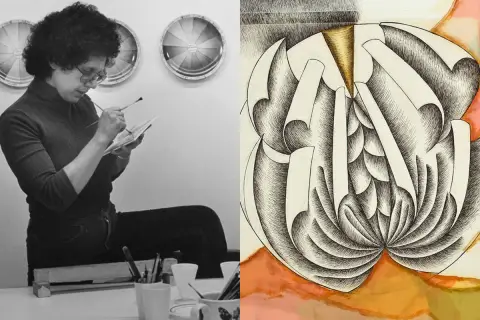 A woman paints, embodying the spirit of the feminist art movement. Beside her, a detailed drawing of a stylized, organic form.
