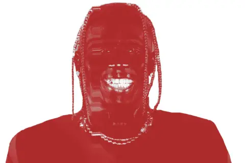 Travis Scott lächelt breit, seine Zöpfe fallen ihm über die Schultern. Ein roter Farbton überzieht das Bild, das an sein neues Album erinnert.