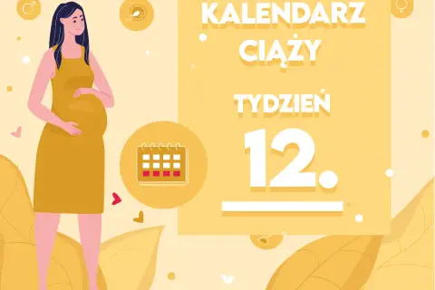 Kobieta w żółtej sukience, w 12 tygodniu ciąży, trzyma dłoń na brzuchu. Obok kalendarz i napis "Kalendarz ciąży, tydzień 12".