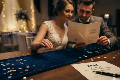 Para młoda przegląda kartkę "Nasze Wesele". Na stole leży dokument ZAIKS Licencja.