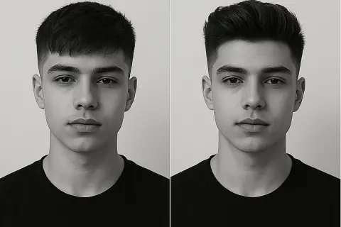 Dos estilos de peinado para hombre: un corte corto y moderno con flequillo recto, y otro con volumen y degradado. ¡Ideas para los mejores cortes de pelo hombre!