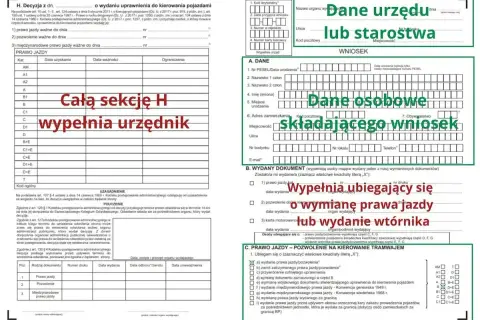 Formularz wniosku o wydanie prawa jazdy lub pozwolenia. Sekcja H "Całą sekcję H wypełnia urzędnik", a dane osobowe składającego wniosek wypełnia się samemu. To jest pkk co to za dokument?