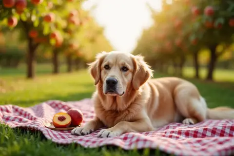 Złoty retriever leży na piknikowym kocu w sadzie brzoskwiniowym, obok talerzyka z połówką nektarynki. Czy pies może nektarynkę?