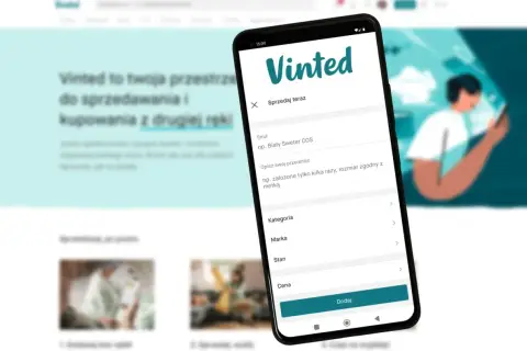 Na ekranie telefonu widać aplikację Vinted, gdzie można sprzedawać rzeczy. Dowiedz się, od ilu lat można sprzedawać na Vinted, by zacząć zarabiać.