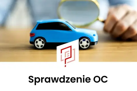 UFG sprawdzenie polisy OC. Mały niebieski samochodzik pod lupą, symbolizuje dokładną analizę ubezpieczenia.