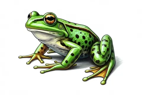 Zielona, nakrapiana żaba, czyli "grenouille" po francusku, siedzi na białym tle.