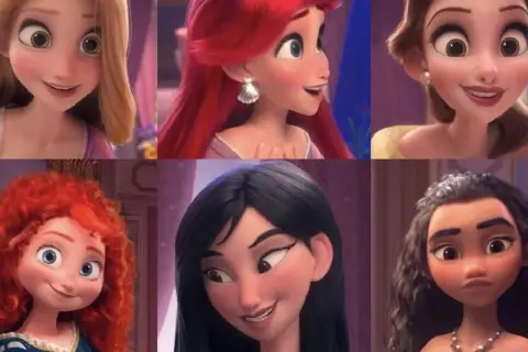 Seis princesas Disney modernas: Rapunzel, Ariel, Bella, Mérida, Mulán y Moana, cada una con su estilo único.