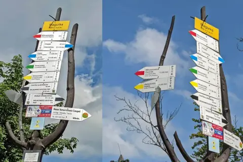 Rozdroże szlaków na Magurce. Wskazówki pokazują drogę do Mikuszowic, Czupel, Straconki, a także Bazy Szturmowej Czupel.