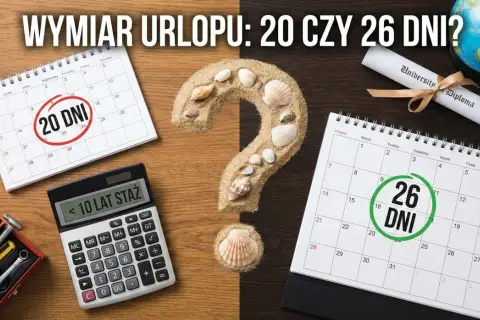 Kalendarz z zaznaczonymi 20 i 26 dniami urlopu, kalkulator stażu pracy i piasek z muszlami. Czy przysługuje Ci 26 dni urlopu?