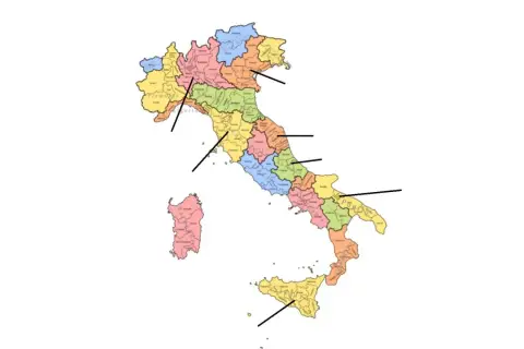 Farbige Karte Italiens mit Regionen, die Weinanbaugebiete Italiens Karte darstellen.