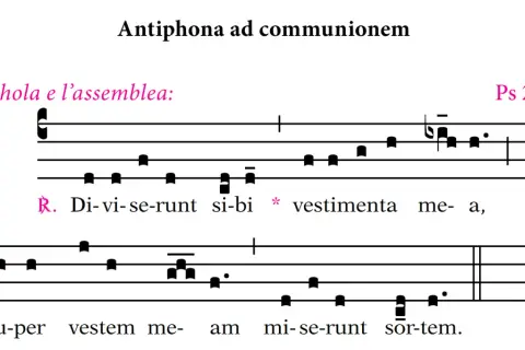 Antyfona "Di-vi-se-runt si-bi vestimenta me-a" z nutami. Tekst dla scholi i zgromadzenia.