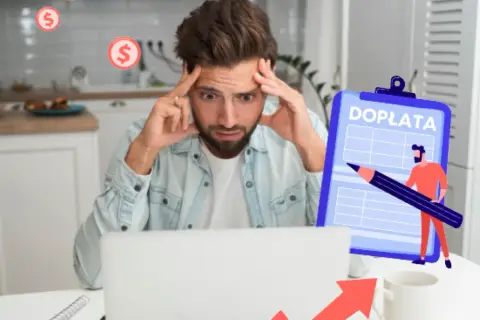 Zmartwiony mężczyzna przy laptopie, nad nim symbole dolara. Obok dokument "DOPŁATA" i czerwona strzałka w górę. Jak wynajmować mieszkanie krótkoterminowo?