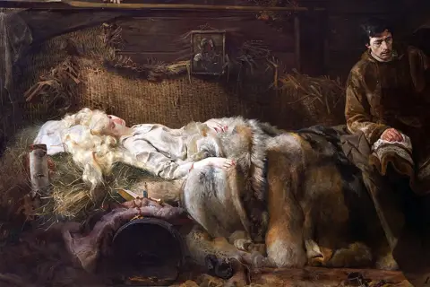 Jacek Malczewski dzieła: mężczyzna czuwa przy śpiącej kobiecie w chatce.