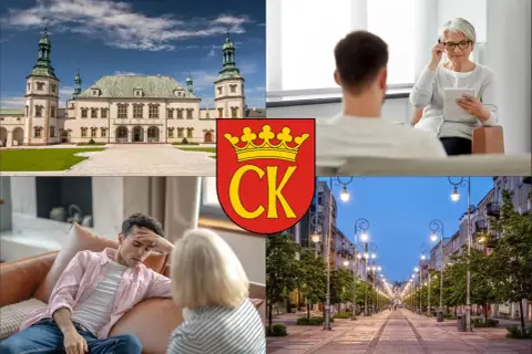 Kielce: pałac, sesja terapeutyczna, herb miasta i ulica.