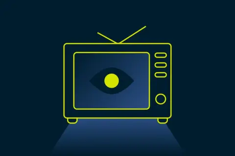 Stylizowany telewizor z okiem na ekranie. Symbolizuje objawy niespójności technologii w sci-fi, jak prowadzić rejestr wynalazków.