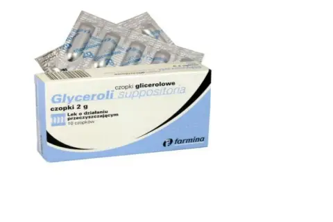 Opakowanie czopków glicerolowych, leku na zaparcia. 10 sztuk w blistrach.