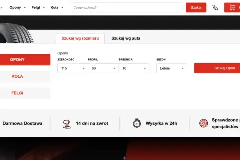 Wyszukiwarka opon z polami do wyboru rozmiaru, profilu i średnicy. Możliwość wyszukiwania po marce opon.