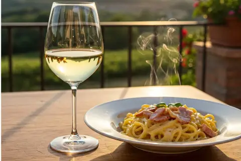 Aperitif na tarasie: parujący talerz spaghetti carbonara i kieliszek orzeźwiającego wina półwytrawnego na drewnianym stole.