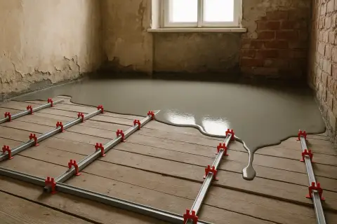 Flüssiger Estrich wird auf einem Holzboden verteilt, um den **Boden auszugleichen**. Metallschienen mit roten Clips führen den Estrich.