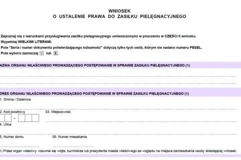 Wniosek o ustalenie prawa do zasiłku pielęgnacyjnego. Formularz zawiera pola do wypełnienia dotyczące organu prowadzącego postępowanie i jego adresu.