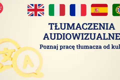 Tłumaczenia audiowizualne. Poznaj pracę tłumacza od kulis. Flagi UK, Włoch, Francji, Hiszpanii, Portugalii. Ikony tłumaczenia.