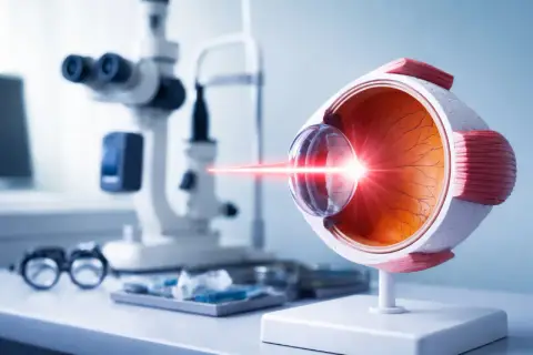 Model oka z laserem, okulary ochronne i sprzęt okulistyczny. Rozważając kapsulotomię, skutki uboczne są ważne.