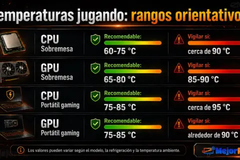 Rangos de temperatura para CPU y GPU en PC de sobremesa y portátiles gaming, indicando los tipos de calor recomendables y a vigilar.