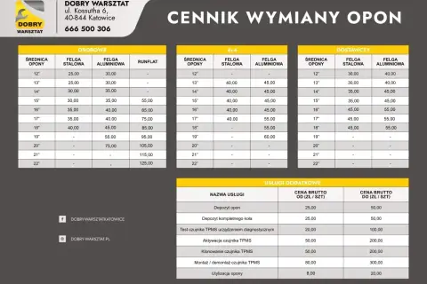Cennik wymiany opon w Dobrym Warsztacie. Sprawdź wymiana opon cena dla aut osobowych, 4x4 i dostawczych. Dodatkowe usługi TPMS.