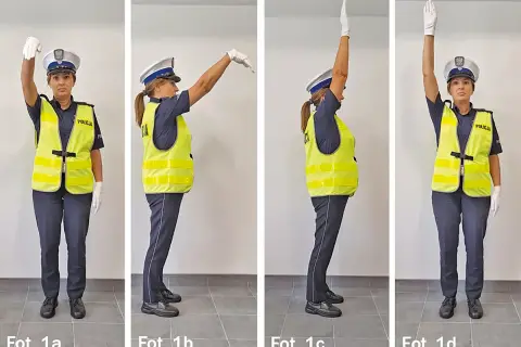 Policjantka w kamizelce odblaskowej pokazuje gesty, kto może kierować ruchem.