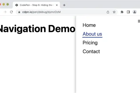 Strona "Navigation Demo" z menu: Home, About us, Pricing, Contact. Pokazuje, jak zrobić kotwicę HTML.