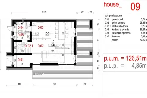 Rzut parteru domu "house_09" z widoczną szerokością elewacji frontowej, wymiarami i spisem pomieszczeń.