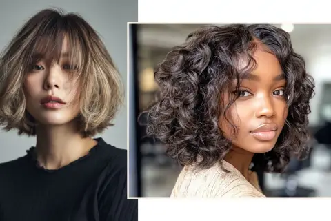 Dos estilos de cabello modernos, uno rubio con flequillo y otro moreno rizado, perfectos para cortes de pelo que rejuvenecen a los 50.