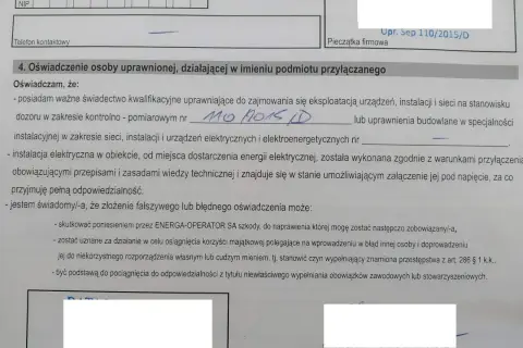 Wniosek o przyłącze energetyczne PGE wzór: oświadczenie osoby uprawnionej o posiadaniu kwalifikacji i zgodności instalacji z przepisami.
