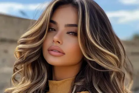 Mujer con cabello bronde ondulado, con reflejos rubios y castaños que iluminan su rostro.