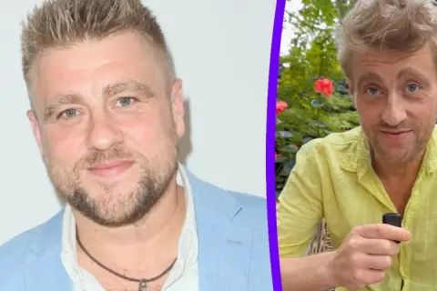 Tomasz Jakubiak, znany z programów kulinarnych, w dwóch odsłonach. W jasnej marynarce i z zawieszką, a obok w żółtej koszuli, z uśmiechem i w otoczeniu natury.