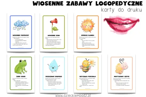 Kreatywne zabawy logopedyczne: karty z wiosennymi ćwiczeniami dla dzieci. Wśród nich: żaba, pszczoła, motyl, słońce, chmury, krople deszczu, usta i głośnik.