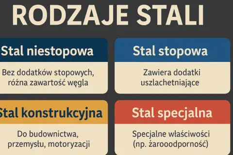 Rodzaje stali: niestopowa (bez dodatków, różna zawartość węgla), stopowa (z dodatkami uszlachetniającymi), konstrukcyjna (do budownictwa, przemysłu, motoryzacji) i specjalna (np. żaroodporna).