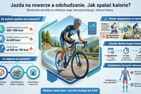 Jazda na rowerze spala kalorie, od 400-700 kcal na godzinę, w zależności od tempa i terenu.