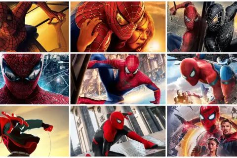 Kolaż przedstawia różne wersje Spider-Mana, pokazując, ile jest części tej historii. Widzimy różne kostiumy i bohaterów.