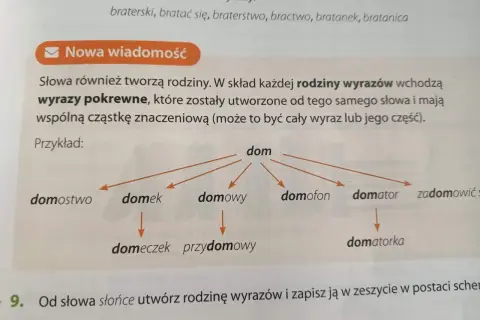 Diagram przedstawia rodzinę wyrazów z rdzeniem "dom": domostwo, domek, domowy, domeczek, przydomowy, domofon, domator, domatorka, zadomowić się.