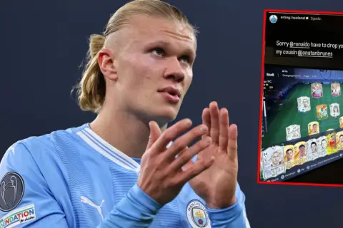 Erling Haaland w koszulce Manchesteru City, obok zrzut ekranu z gry FIFA, gdzie usuwa Ronaldo ze składu dla kuzyna.