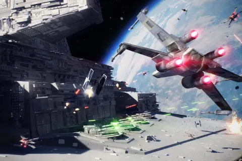 Intensywna bitwa kosmiczna w stylu Star Wars Battlefront 3. X-wing i myśliwce TIE walczą wokół ogromnego statku kosmicznego na tle planety.