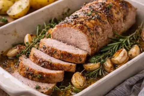 Filet mignon de porc rôti, tranché et servi avec des gousses d'ail confites et des herbes. Une recette parfaite pour un repas savoureux.