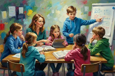 Kinder lernen gemeinsam mit einer Lehrerin. Ein Junge erklärt etwas an einer Tafel. Dies ist ein Beispiel für soziales Lernen.