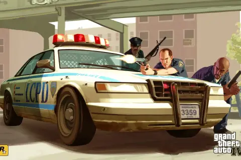 Policjanci z LCPD w akcji, gotowi do strzału. Może przydałyby się im **GTA 4 kody** na nieśmiertelność?