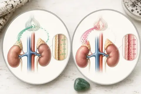 Ilustracja pokazuje działanie aldosteronu na nerki, regulując przepływ jonów i wody.