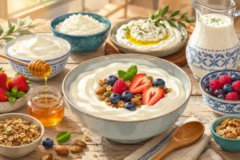 Una tavola imbandita con yogurt, frutta fresca, miele, granola e vari **formaggi** freschi, un invito a una colazione sana e gustosa.