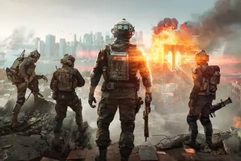 Żołnierze obserwują zniszczone miasto w kampanii Battlefield 6. Wybuchy i dym unoszą się nad mostem i budynkami.