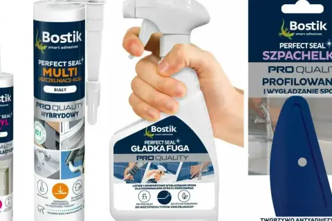 Bostik Perfect Seal: czym odtłuścić przed silikonowaniem? Zestaw zawiera uszczelniacz hybrydowy, wygładzacz fugi w sprayu i szpachelkę.