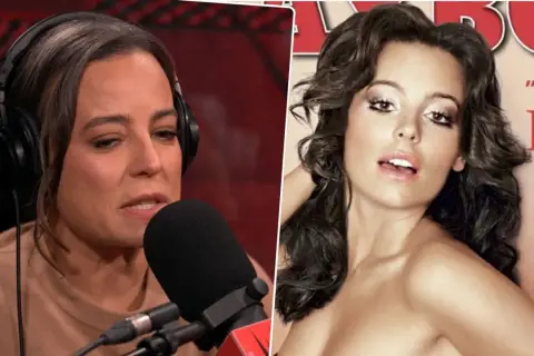 Anna Mucha w słuchawkach przy mikrofonie obok okładki magazynu Playboy z jej zdjęciem.